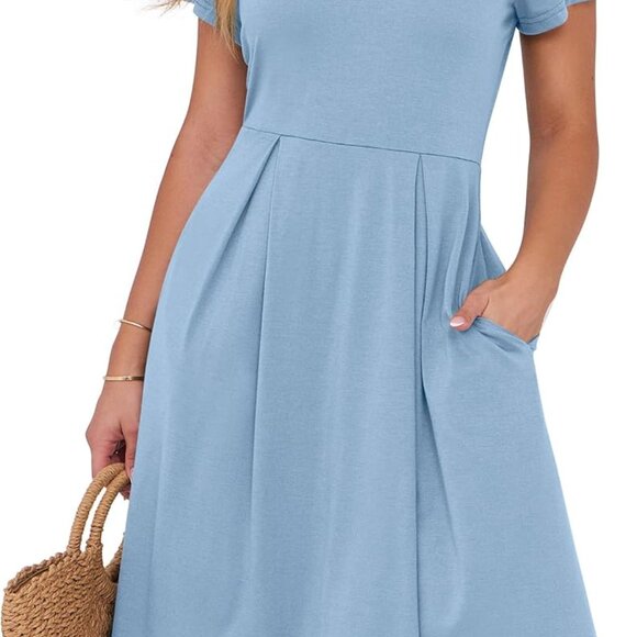 Women Summer Dress Casual Short Sleeve V Neck A-Line Knee Length Pleated Flowy 2 - Picture 1 of 6